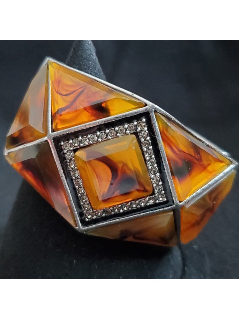 Vintage Chunky Bangle Bracelet Silver Tone Brown Geometric Wide Heavy Hinged 7"